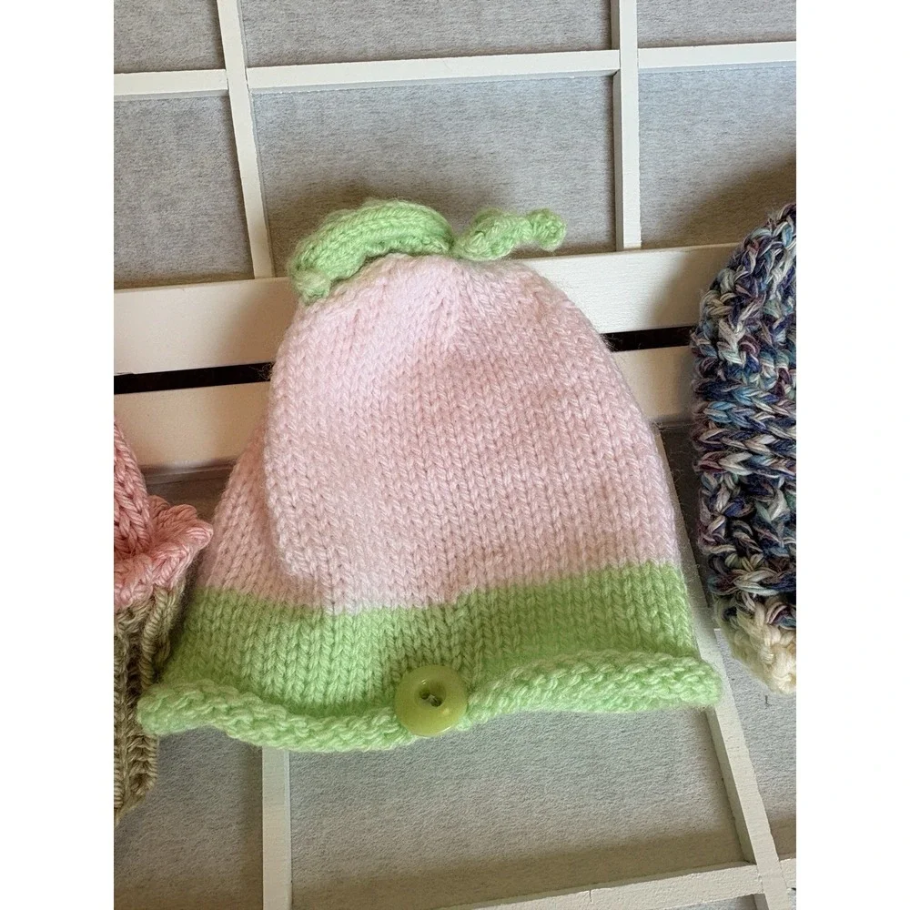 3 Hand‎ knitted Crotcheted Baby Caps/ Hats Cupcake Strawberry & Beanie